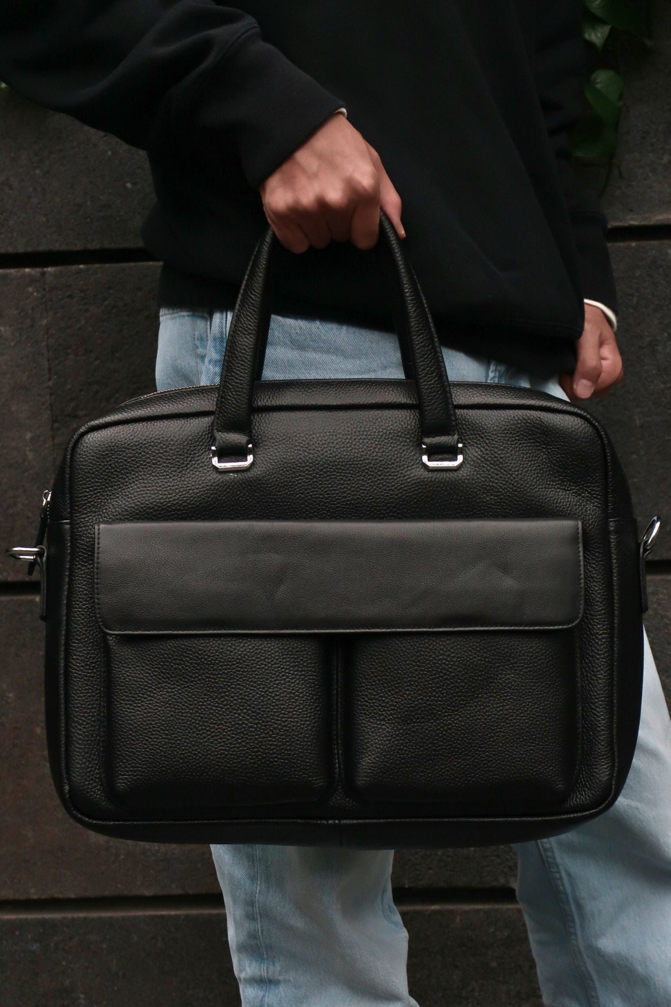 Poches V2 design genuine cowhide leather top handle travel briefcase with luggage sleeve and strap