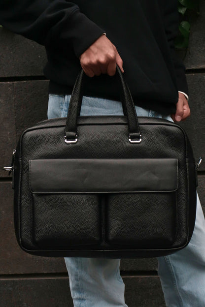 Poches V2 design genuine cowhide leather top handle travel briefcase with luggage sleeve and strap