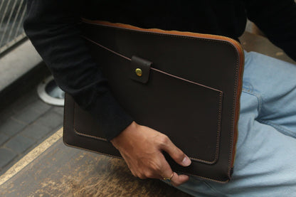 Snap design genuine cowhide leather clutch/laptop sleeve / laptop folio