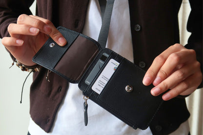 Flap design genuine cowhide leather card holder with lanyard with zip and RFID protection