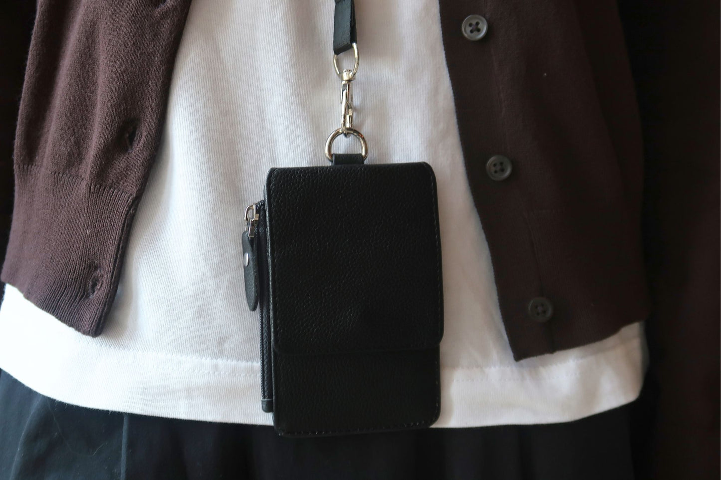 Flap design genuine cowhide leather card holder with lanyard with zip and RFID protection