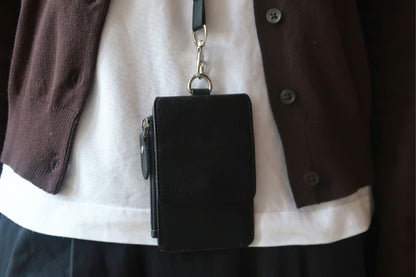 Flap design genuine cowhide leather card holder with lanyard with zip and RFID protection