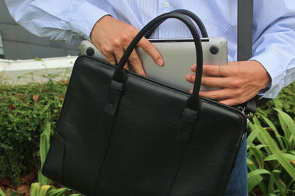 Double belt design genuine cowhide leather briefcase with sling