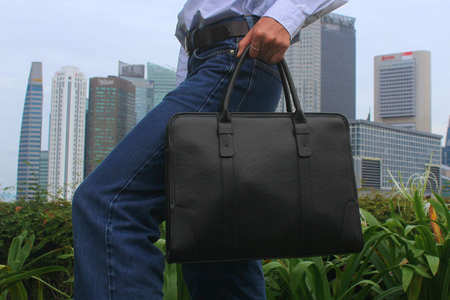 Double belt design genuine cowhide leather briefcase with sling