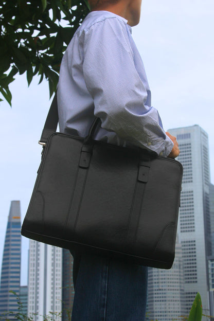 Double belt design genuine cowhide leather briefcase with sling