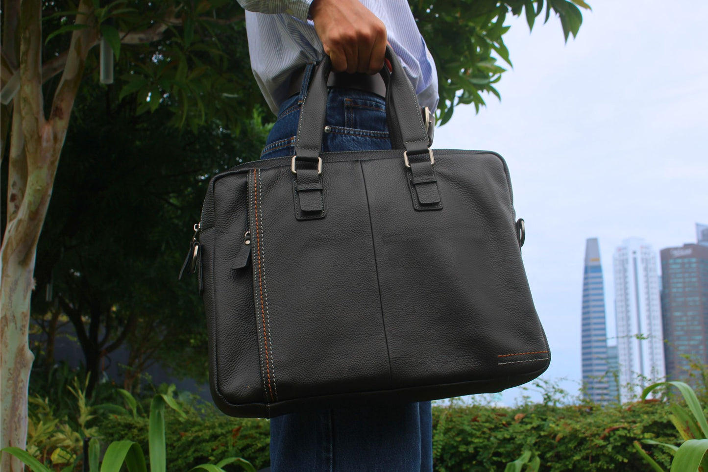 Seam design genuine cowhide leather top handle briefcase with sling