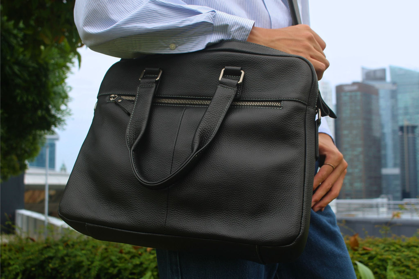 Seam design genuine cowhide leather top handle briefcase with sling