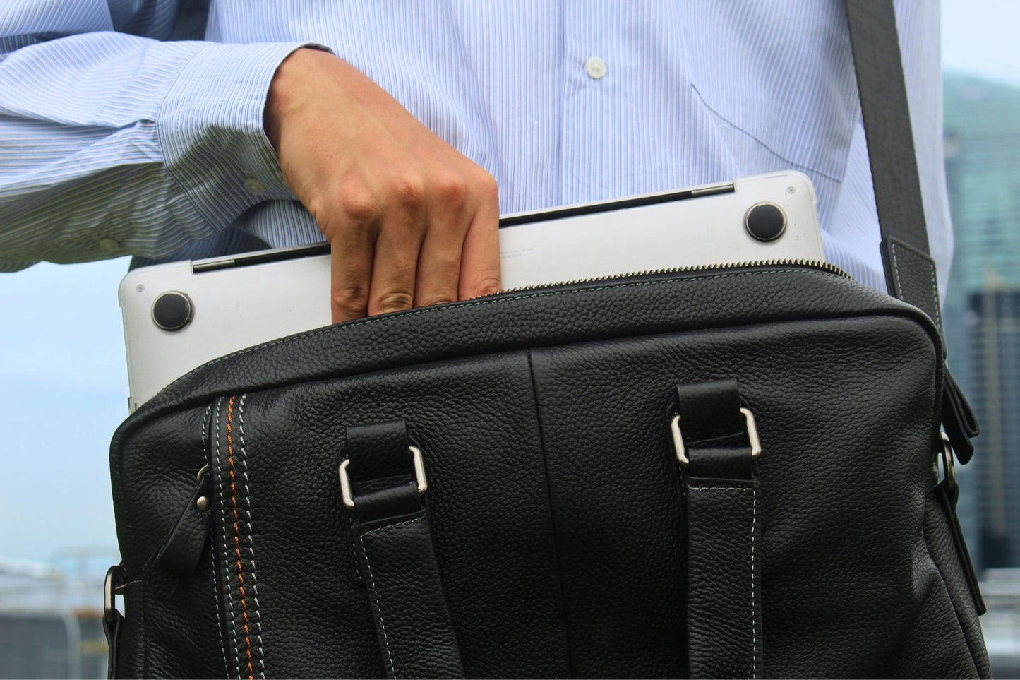Seam design genuine cowhide leather top handle briefcase with sling