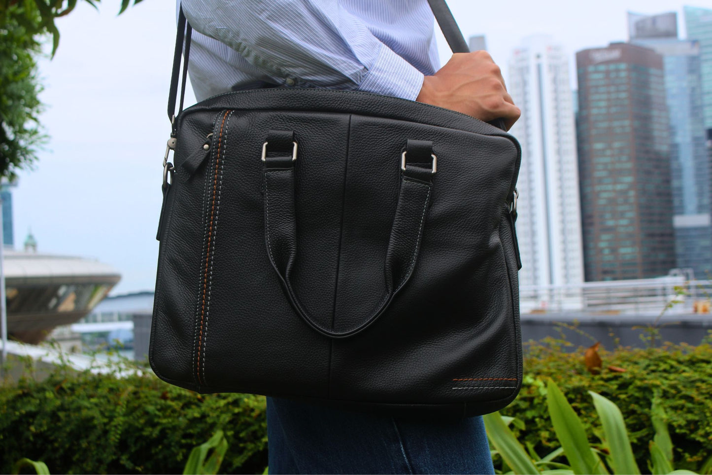 Seam design genuine cowhide leather top handle briefcase with sling