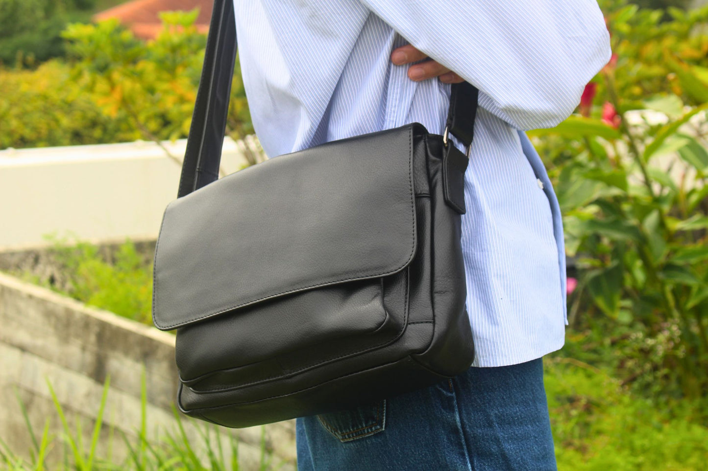 Genuine cowhide leather satchel messenger sling bag
