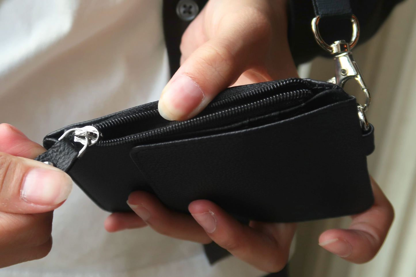 Flap design genuine cowhide leather card holder with lanyard with zip and RFID protection