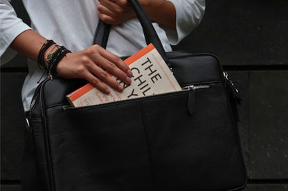 Poches V2 design genuine cowhide leather top handle travel briefcase with luggage sleeve and strap