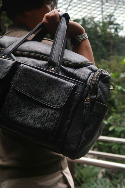 Poches design genuine cowhide leather duffel travel bag with strap