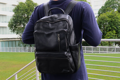 Multi zip design genuine cowhide leather backpack