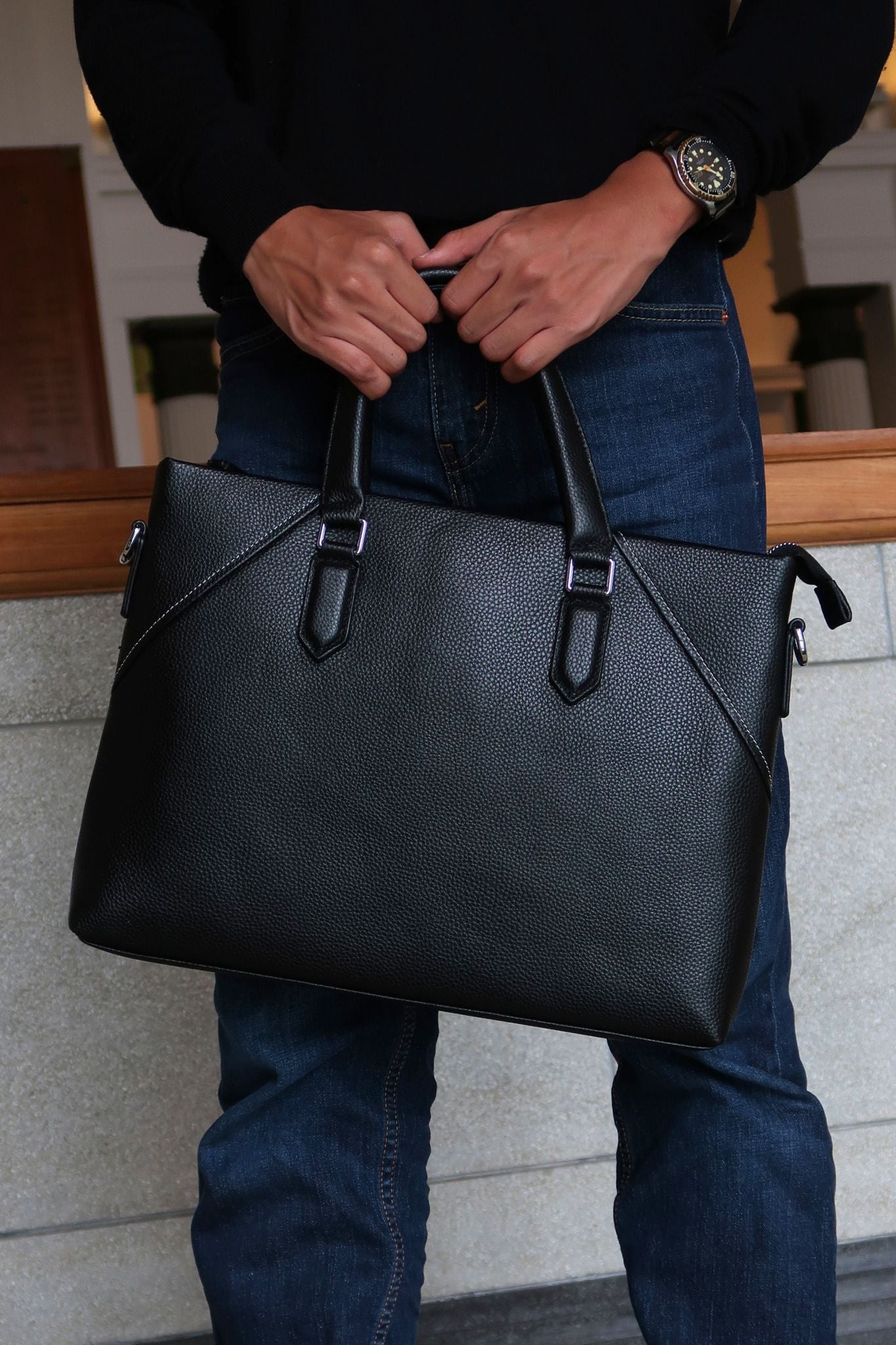 Lev design genuine cowhide leather slim briefcase with sling