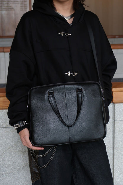 Triple zip design cowhide leather briefcase with sling
