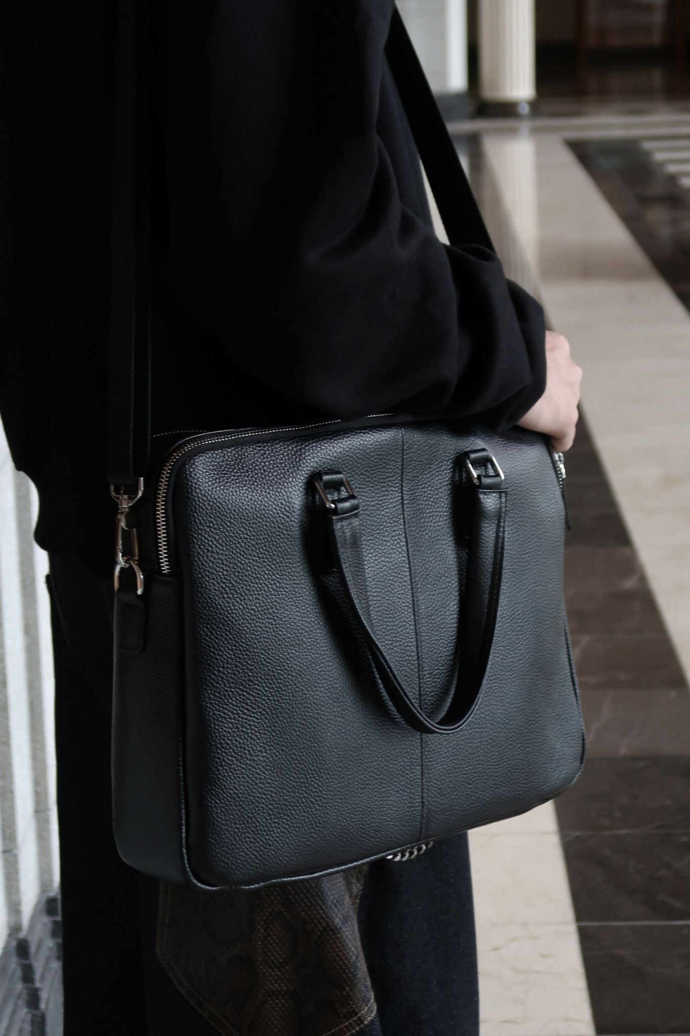Triple zip design cowhide leather briefcase with sling