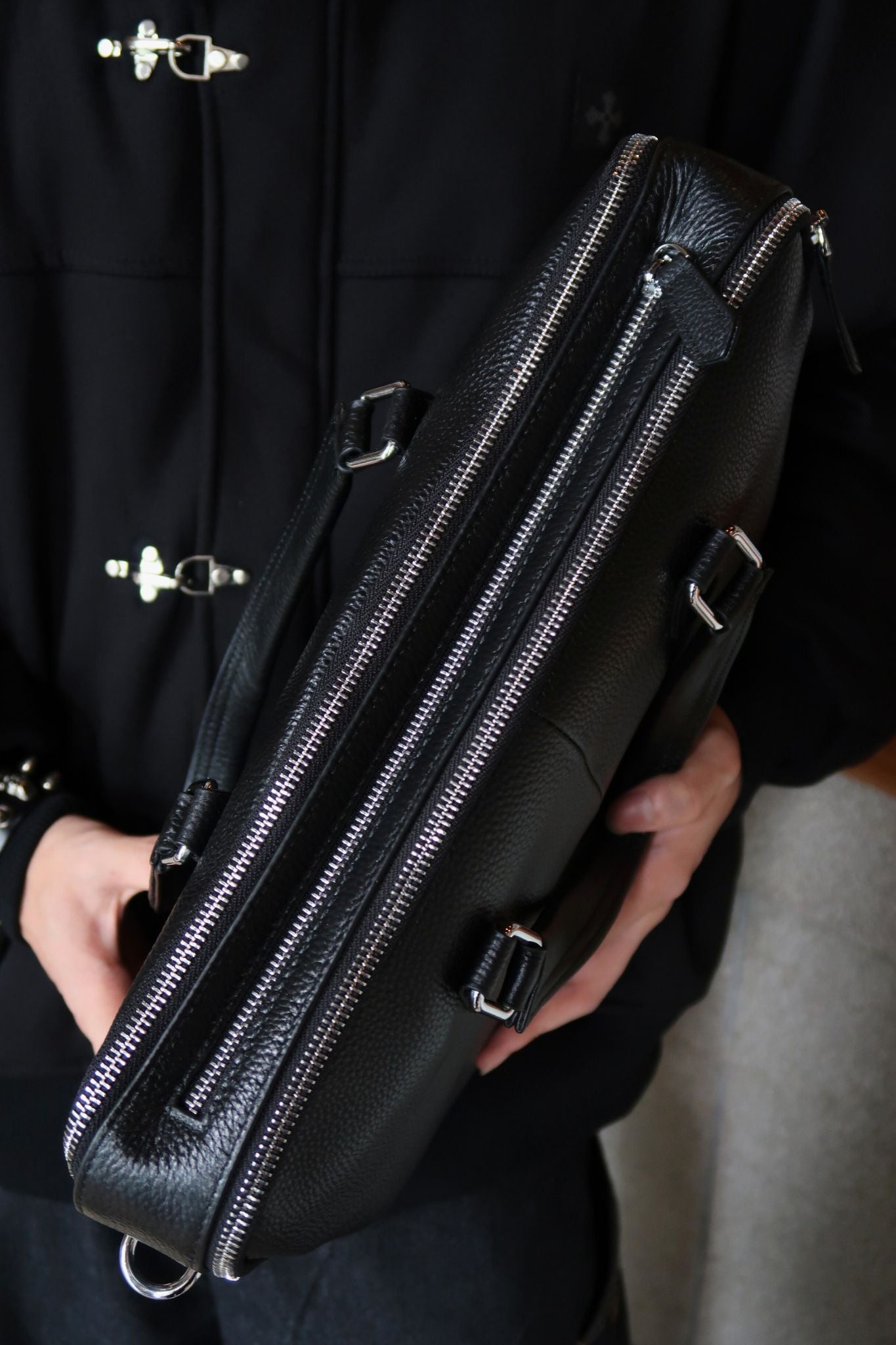Triple zip design cowhide leather briefcase with sling