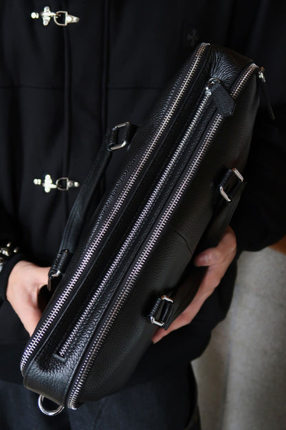 Triple zip design cowhide leather briefcase with sling