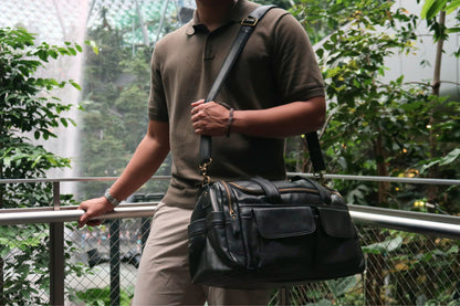 Poches design genuine cowhide leather duffel travel bag with strap