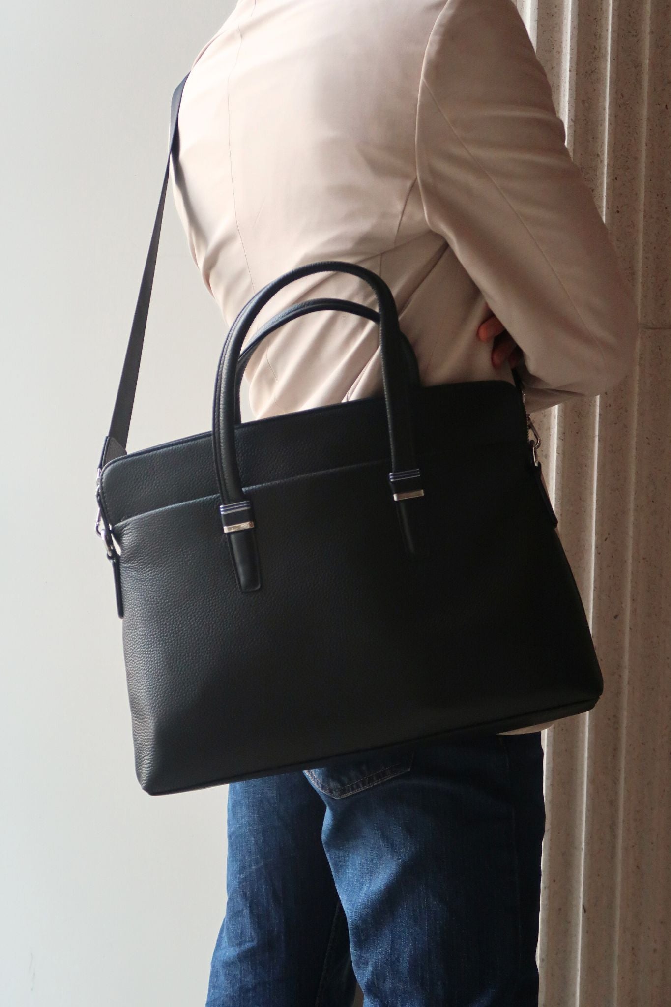 Marcel design genuine cowhide leather slim briefcase with sling