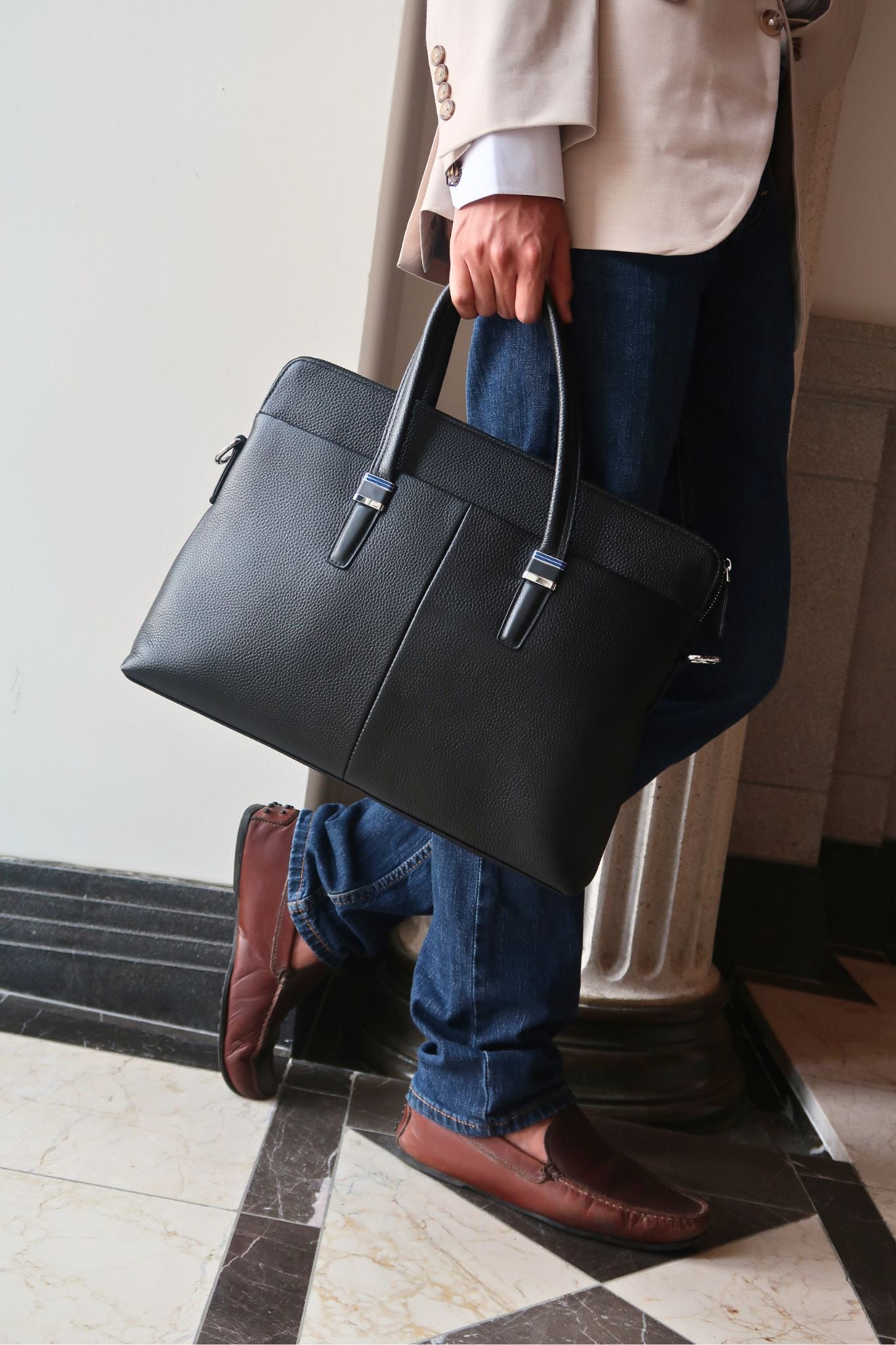 Marcel design genuine cowhide leather slim briefcase with sling