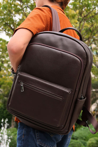 Multi zip V3 design genuine cowhide leather backpack with luggage/trolley sleeve