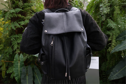Drawstring flap design genuine cowhide leather backpack