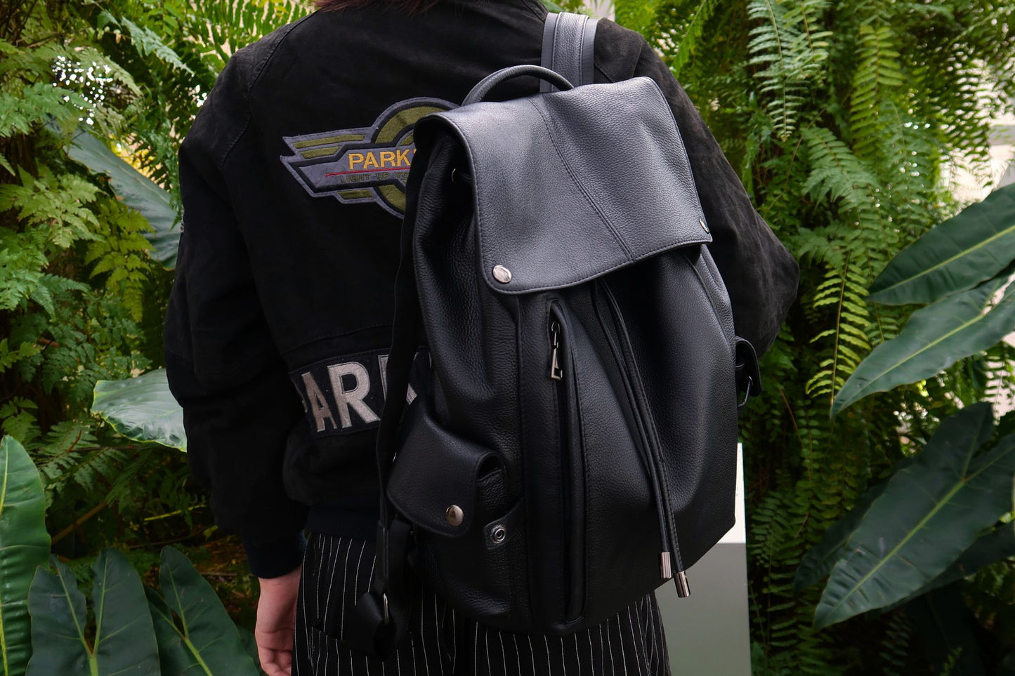 Drawstring flap design genuine cowhide leather backpack