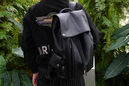 Drawstring flap design genuine cowhide leather backpack