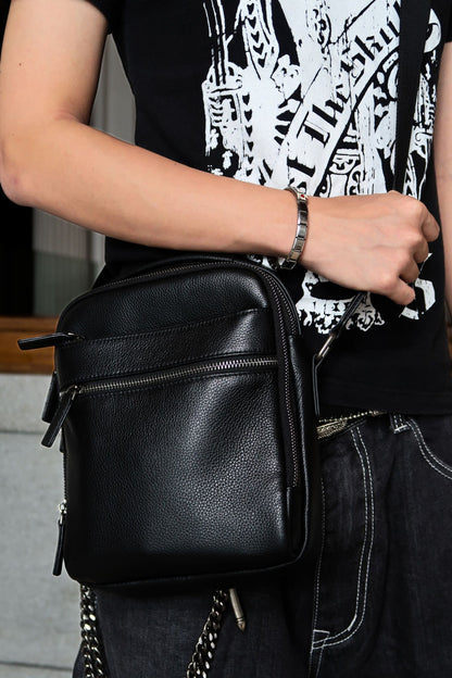 Zip design genuine cowhide leather sling bag