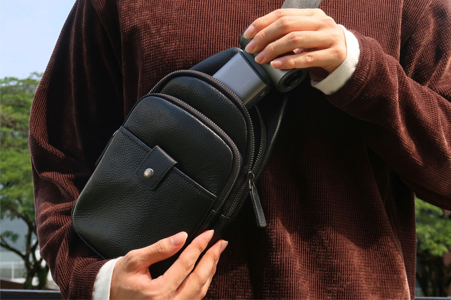 Snap design genuine cowhide leather fanny pack bag