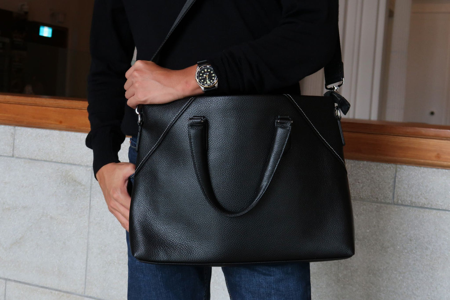 Lev design genuine cowhide leather slim briefcase with sling