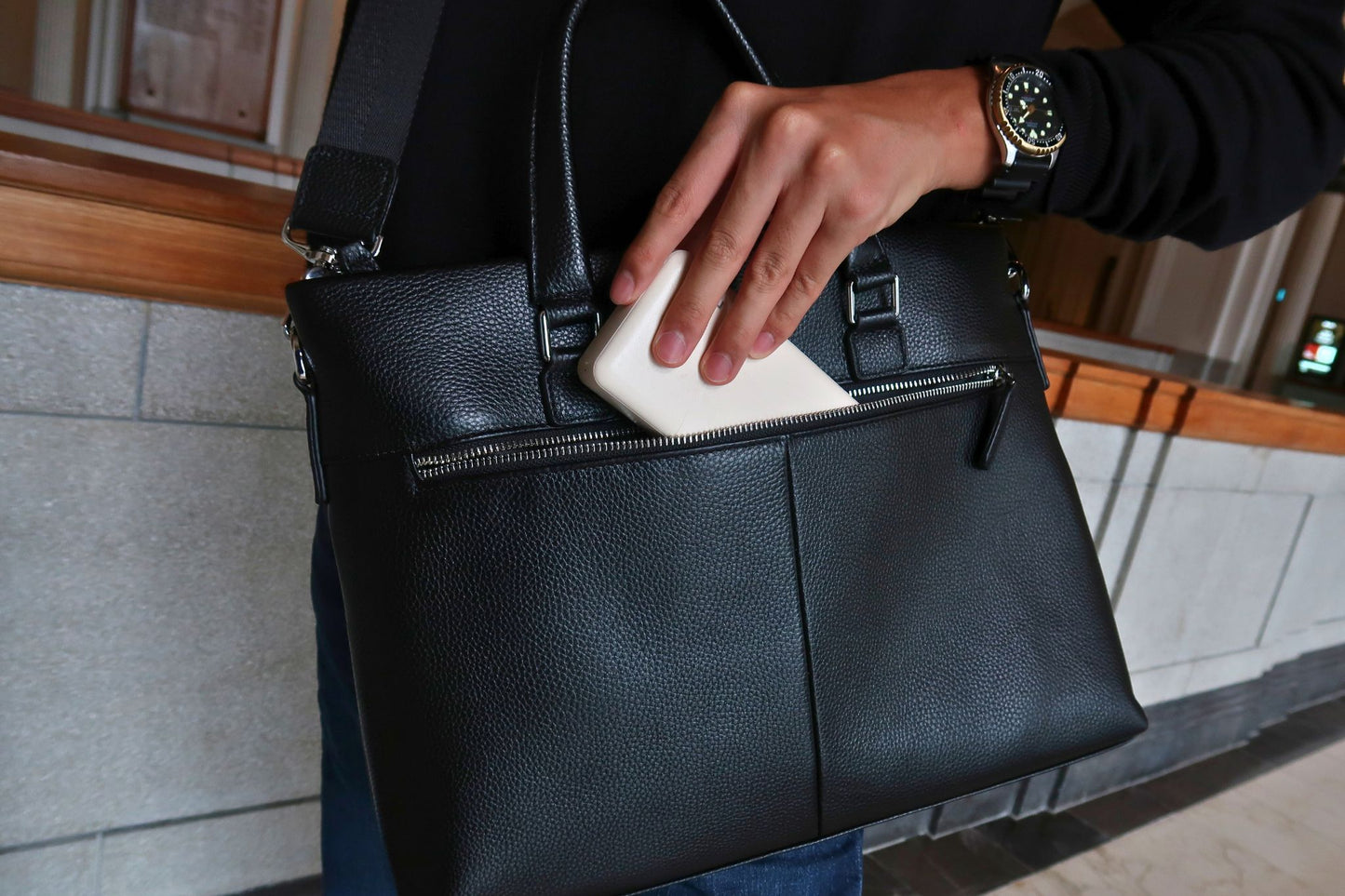 Lev design genuine cowhide leather slim briefcase with sling