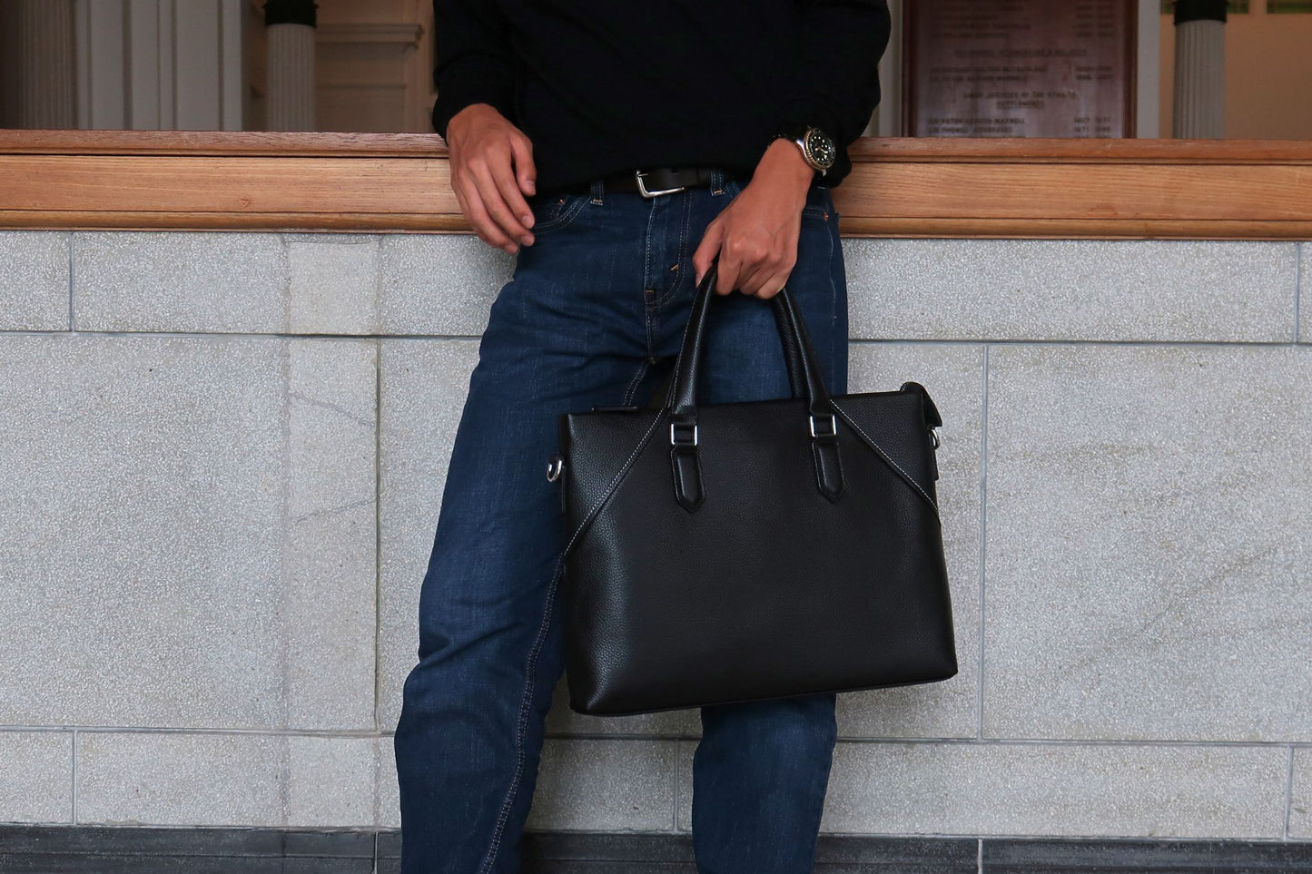 Lev design genuine cowhide leather slim briefcase with sling