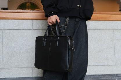 Triple zip design cowhide leather briefcase with sling