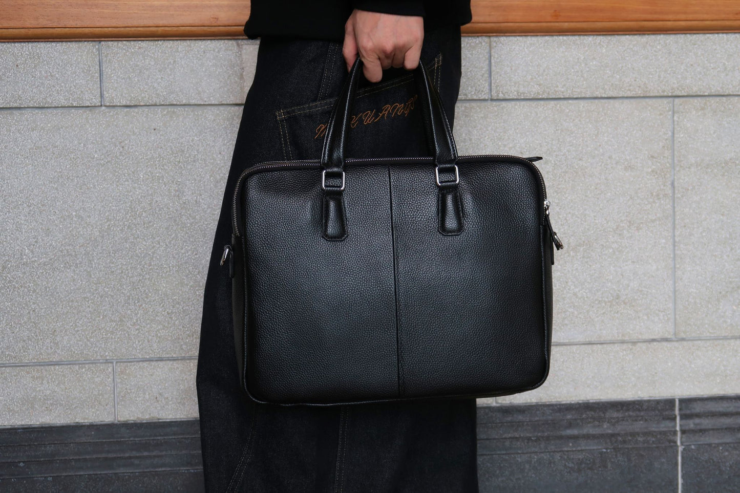Triple zip design cowhide leather briefcase with sling