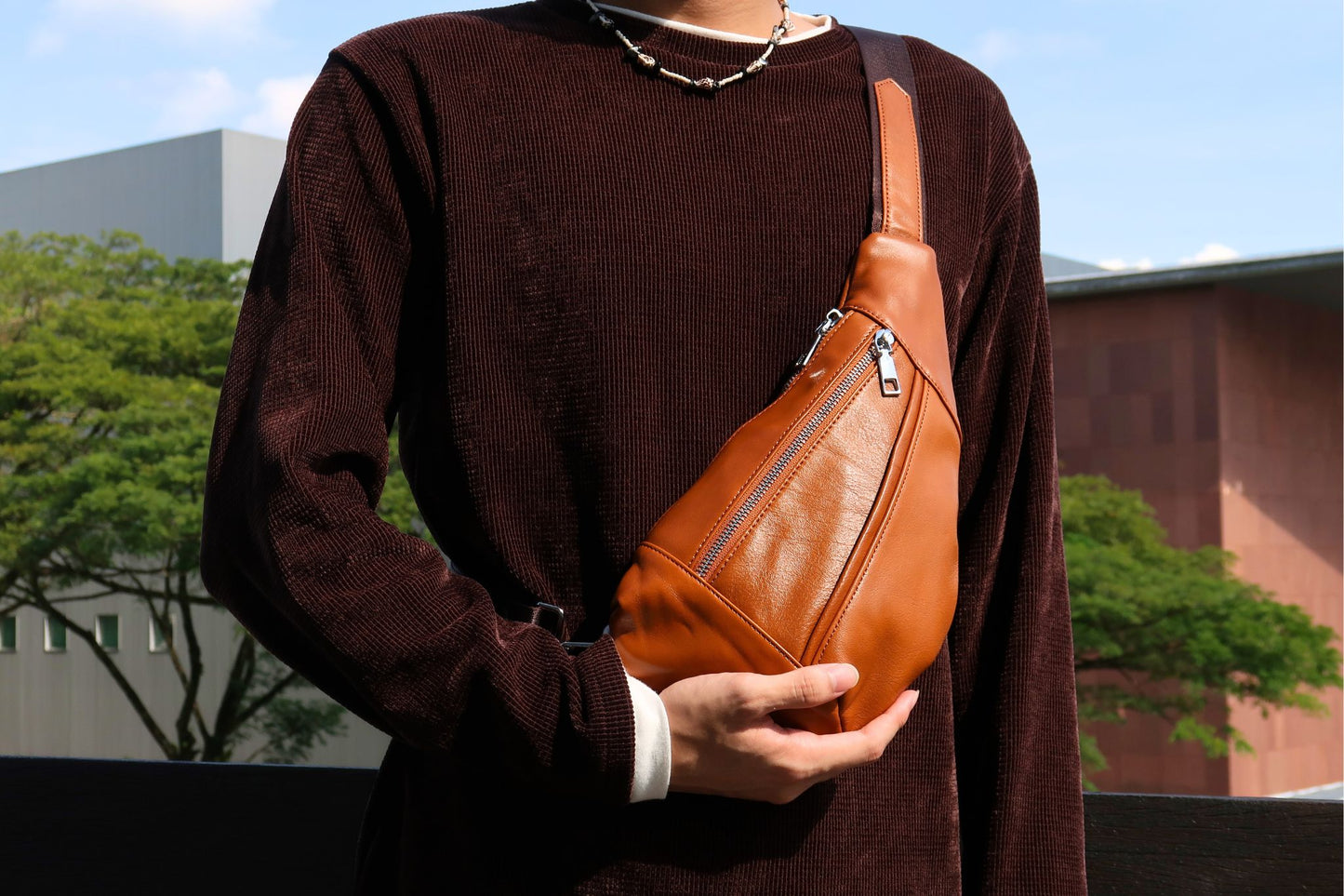 Geometry design genuine cowhide leather fanny pack bag