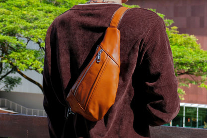 Geometry design genuine cowhide leather fanny pack bag