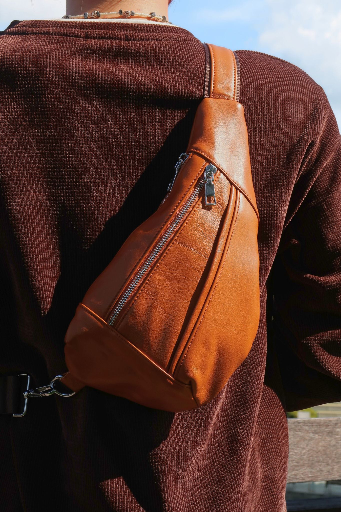 Geometry design genuine cowhide leather fanny pack bag