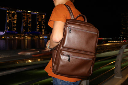Multi zip V2 design genuine cowhide leather backpack with luggage/trolley sleeve