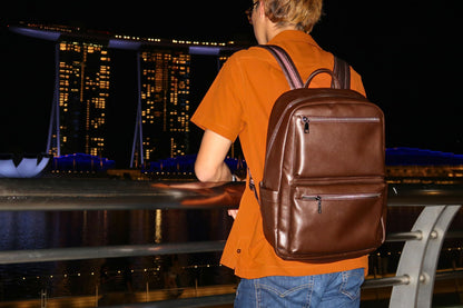 Multi zip V2 design genuine cowhide leather backpack with luggage/trolley sleeve