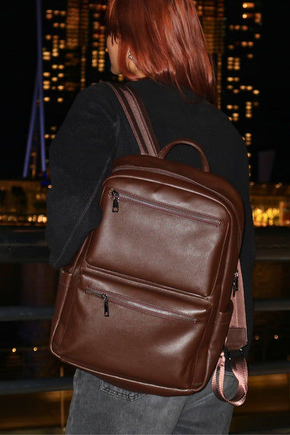 Multi zip V2 design genuine cowhide leather backpack with luggage/trolley sleeve