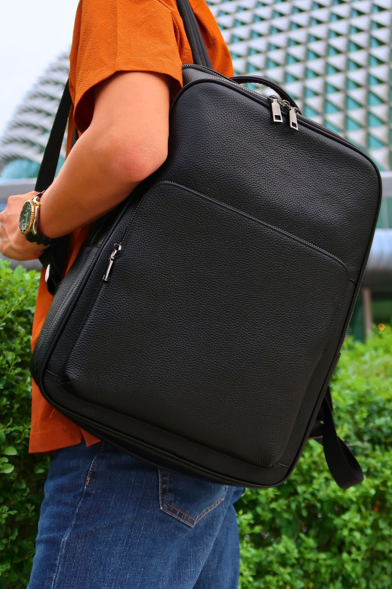Men's genuine cowhide leather backpack-Rectangular design by (Singapore) Nameless leather goods