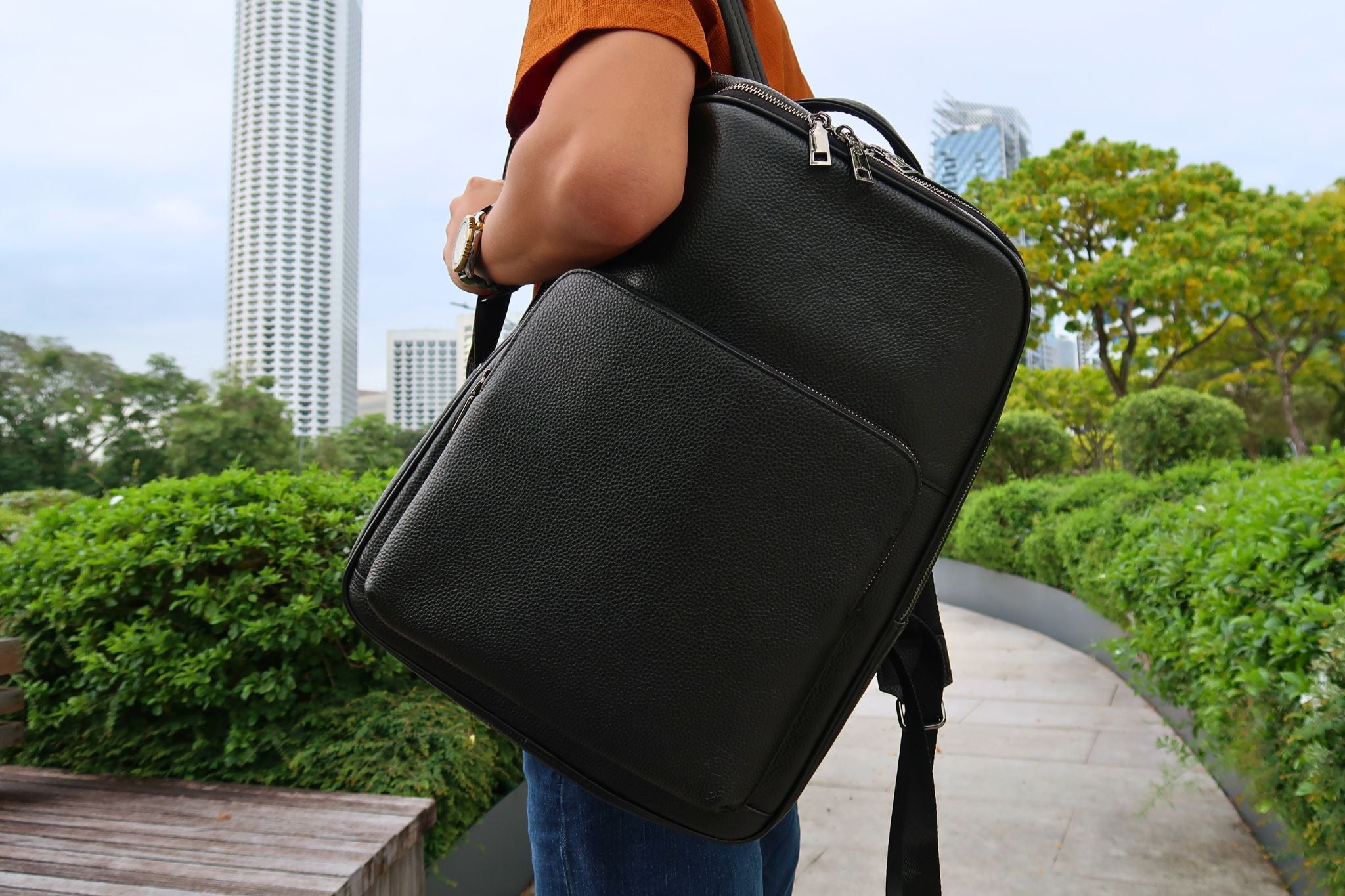 Men's genuine cowhide leather backpack-Rectangular design by