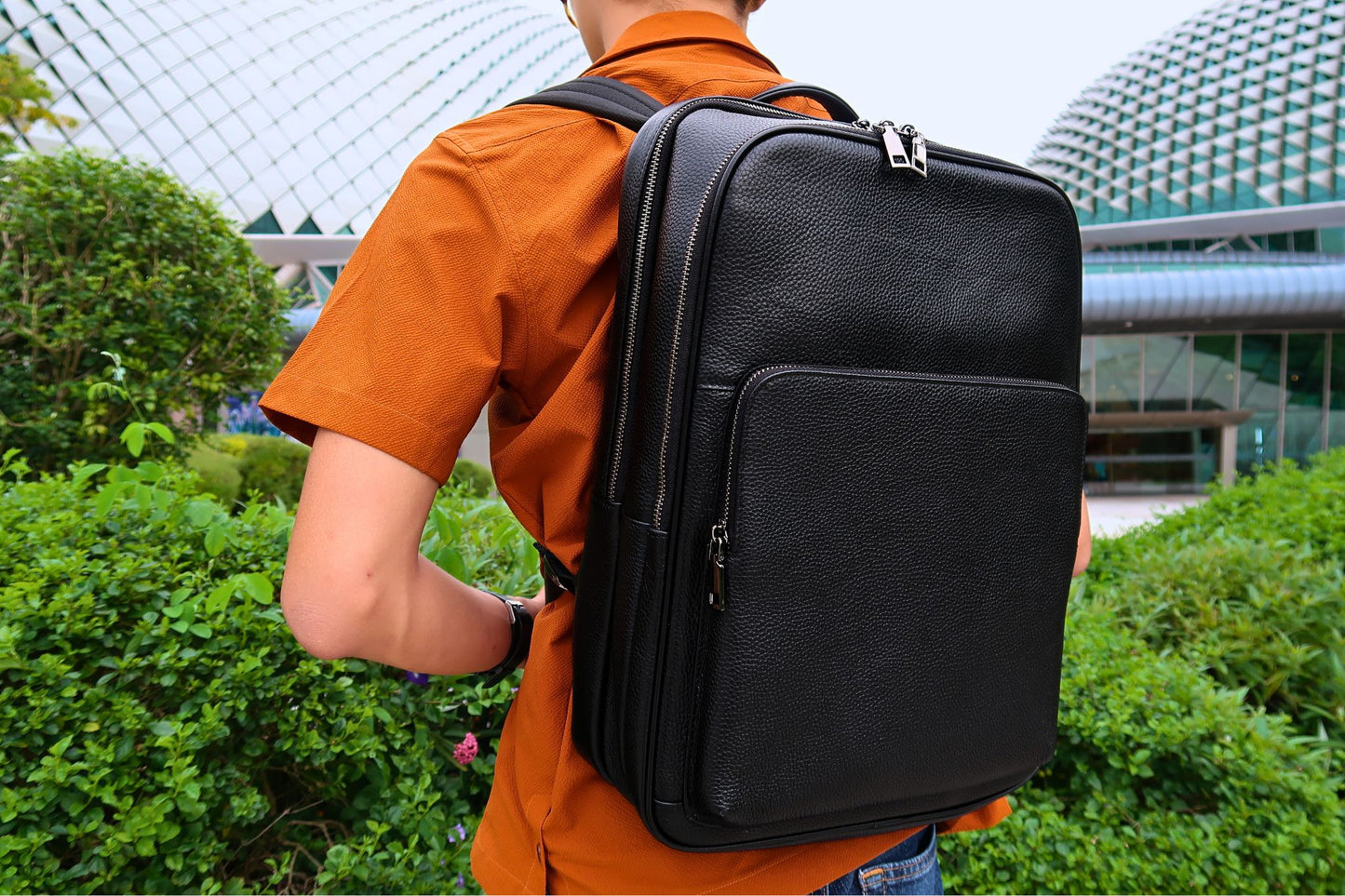 Rectangular design genuine cowhide leather backpack with luggage/trolley sleeve