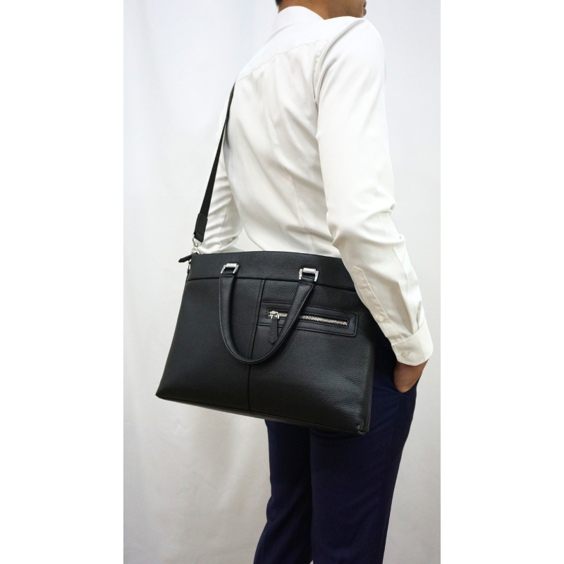 Multi zip design genuine cowhide leather slim briefcase with sling