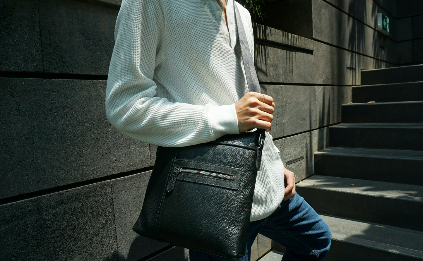 Multi zip design genuine cowhide leather sling bag