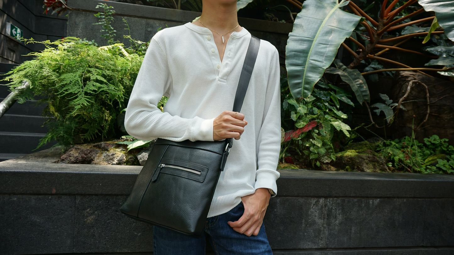 Multi zip design genuine cowhide leather sling bag