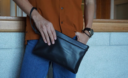 Genuine cowhide leather hand clutch with wrist strap